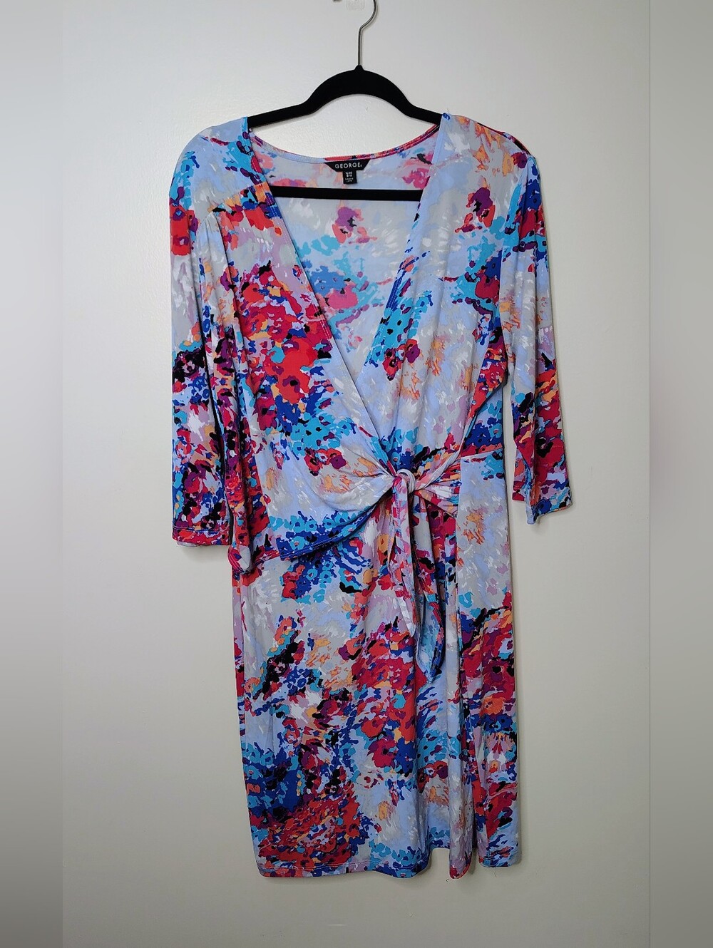 George XL Watercolor Floral Faux Wrap Tie Front Dress 3/4‎ Sleeve